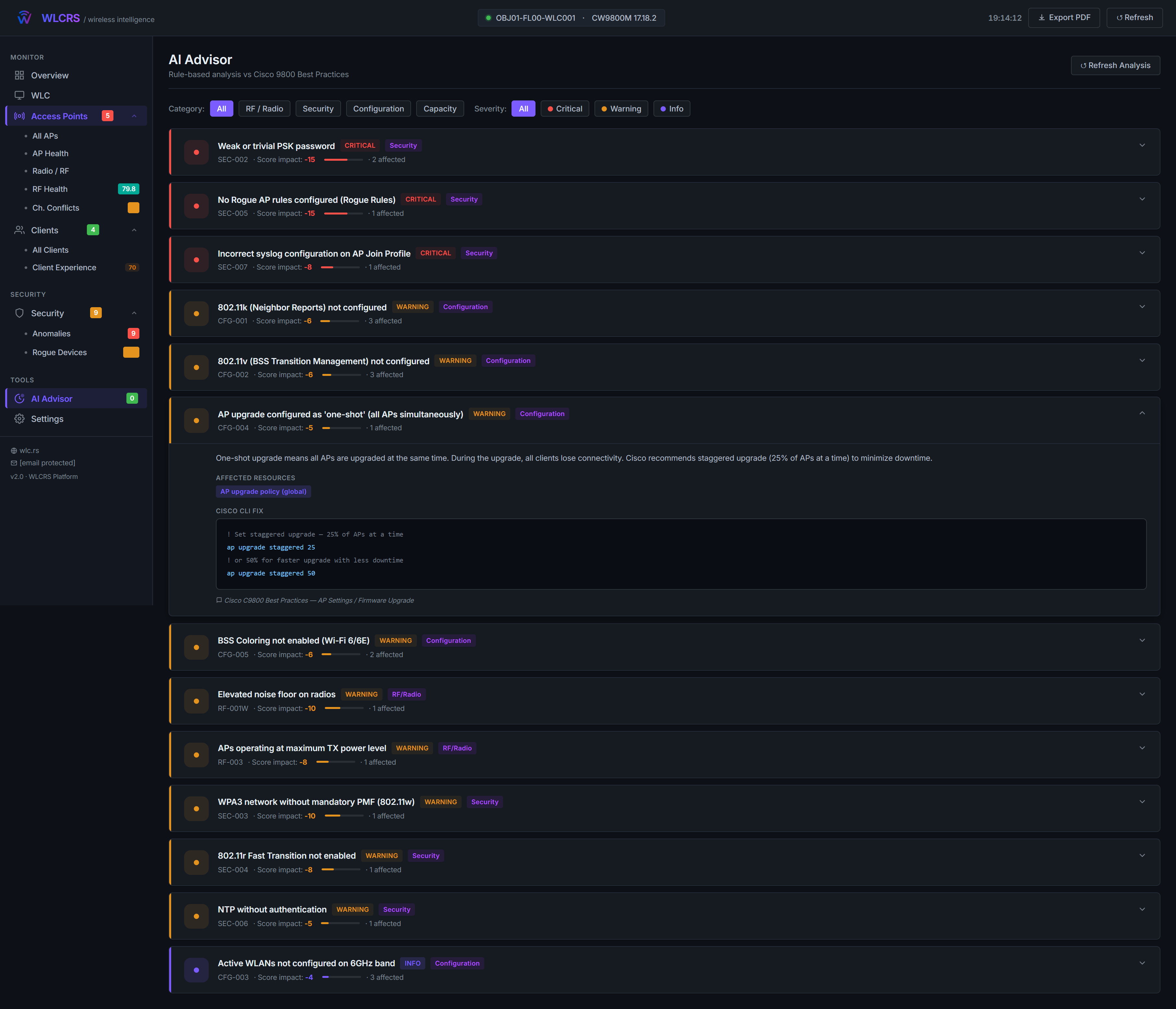 WLCRS AI Advisor panel listing Cisco 9800 best-practice findings with severity, score impact and copy-paste CLI remediation commands